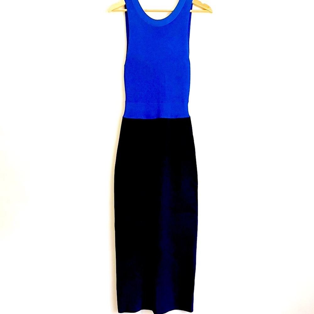 Trouve Blue Colorblock Back Cutout Sleeveless Bodycon Midi Dress